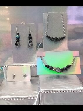 Sterling Silver Black Bead Necklace and Earring Set - Elegant Black Jewelry